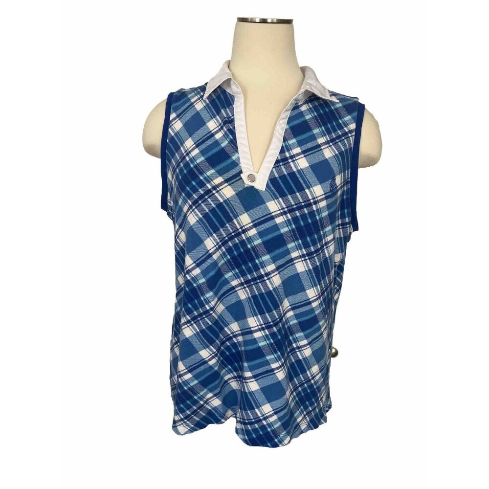 Lauren Ralph Lauren Active Plaid Blue White Preppy Collard Tank Sleeveless XL